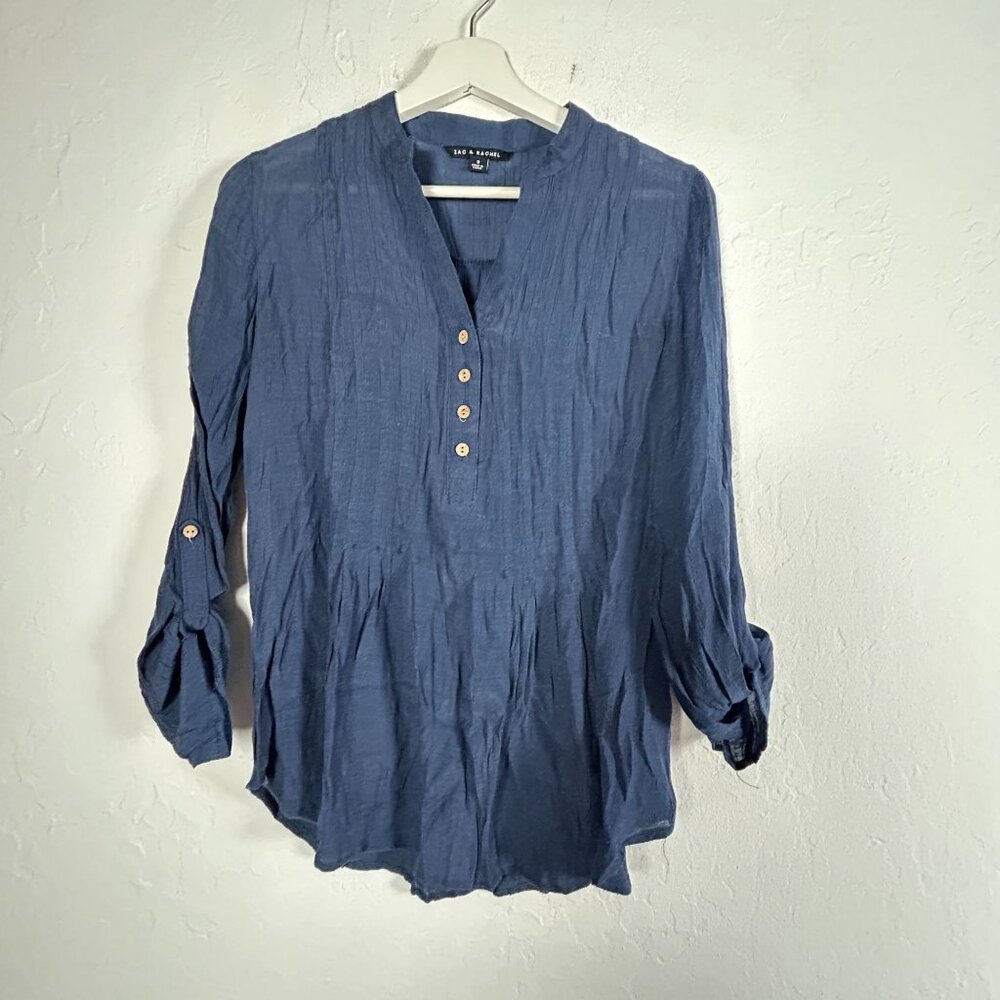 Zac & Rachel Womens Blue Crinkle Roll-Tab Sleeve Button-Front Henley Top Small